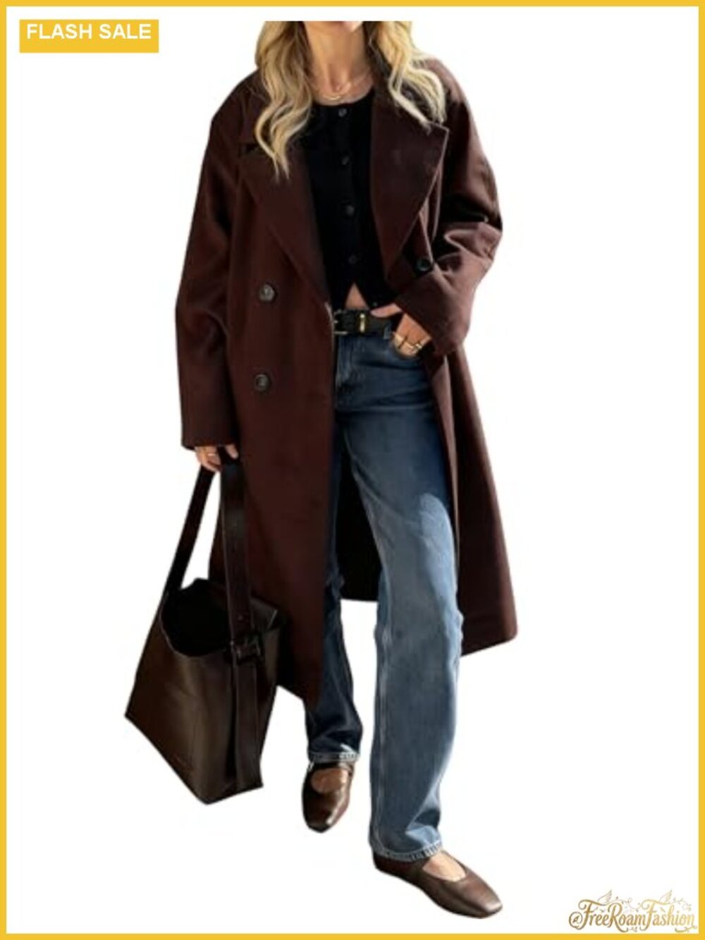 Women's Double Breasted Long Trench Coat Wool Blend Overcoat